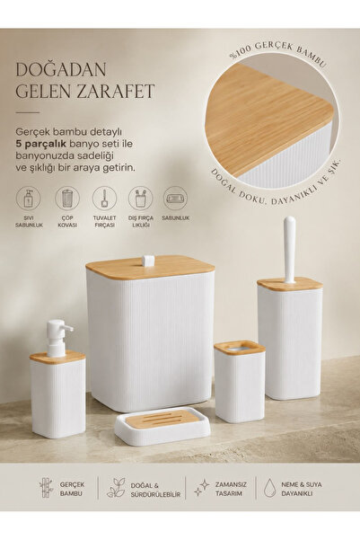 Store HGY Home Real Bamboo Detaljan Mina Square Beli 5-dijelni set za kupatilo
