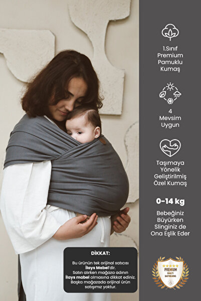 ilays beauty Premium Birinci Sınıf Pamuklu Esnek Wrap Sling Antrasit (BABYWEA...