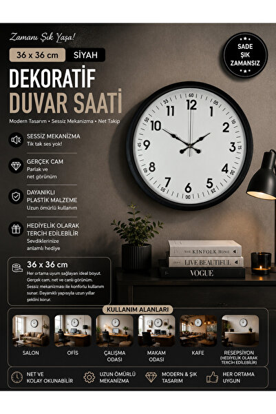 Genel Markalar 36 Cm Siyah Dekoratif Duvar Saati