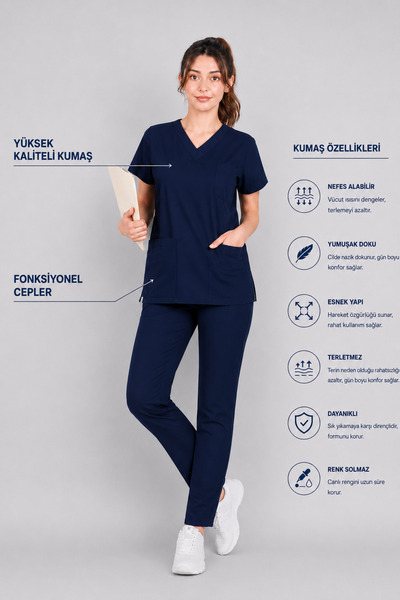 STİLMED Üniforma Lacivert Hemşire ve Doktor Forması Scrubs Takımı Likralı Alt...