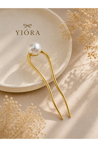 yiora Premium Series Pearl Detailed Shiny Metal Japanese Chopstick Hair Gold ...