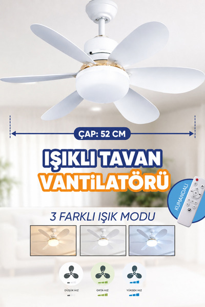 Waldern 6 Kanatlı, Işıklı Sessiz Çalışma Tavan Tip Vantilatör 52 cm