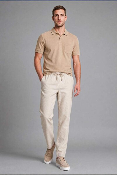 DeFacto Linen Blend Elastic Lace-Up Waist Regular Fit Beige Trousers H8853Ax26Sm
