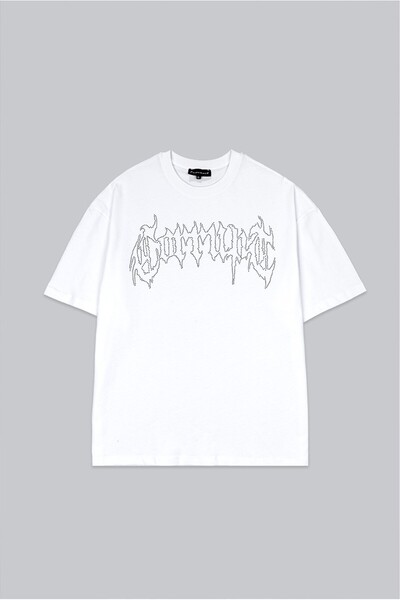 Fadeback Tricou bărbătesc alb oversize Corrupt cu strasuri și pietre negre