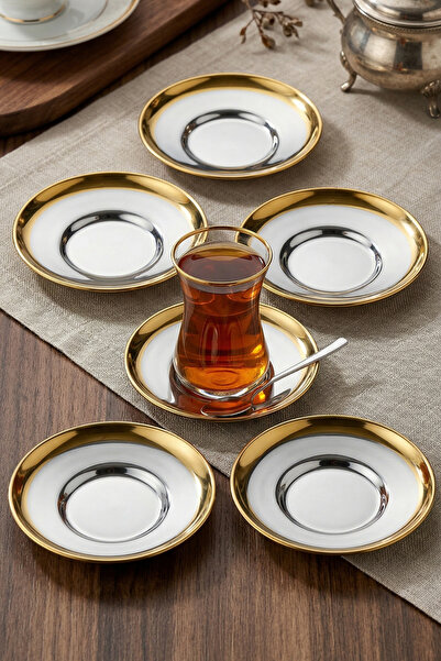 ÖzSa Home Rio 6-Piece Steel Tea Plate 18/10 Gold Compatible with All Tea Cups