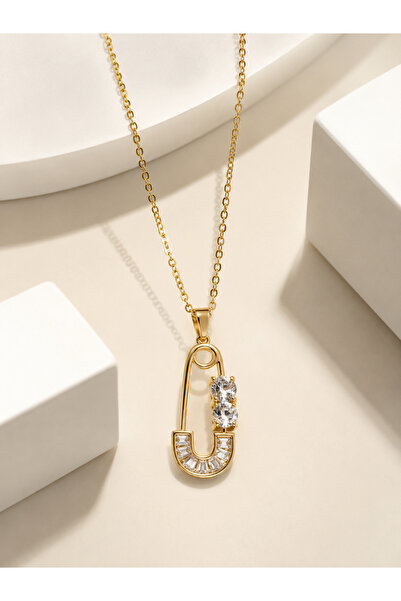 Premium Collection Zirkon Detaylı Altın Kaplama Çelik Kolye