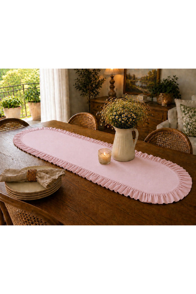 ŞAH TEXTILE DESIGN Oval sık fırfırlı keten runner 40x110