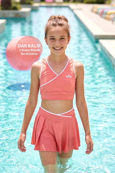 Haliç Mayo Girls' Swimsuit with Piping Detail, Zero Sleeve Top, Shorts and Sk...
