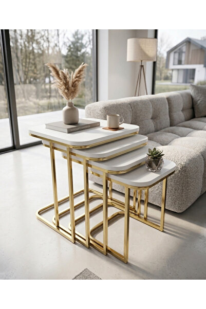Aylive Mobilya Tekerlekli Zigon Sehpa - 4 lü Ayakları Gold Yüzey Beyaz-İç İçe...