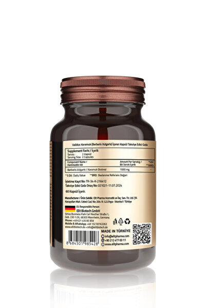 Validus Berberin (Berberis Vulgaris) 1000 Mg 60 Capsules