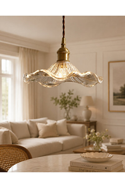 burenze Modern Tasarım Vintage Boheme Estetik El Yapımı Şeffaf Camlı Sarkıt Avize Eskitme Gold Kahve Örgü