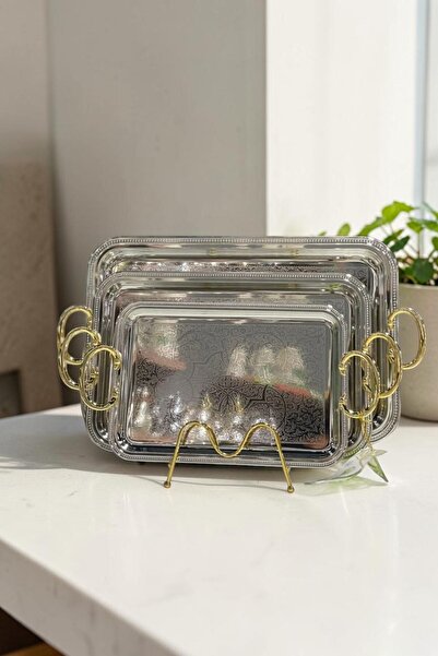 sahal aloula Silver Serving Tray Set with Gold Decorative Handles 3 Pieces - ...