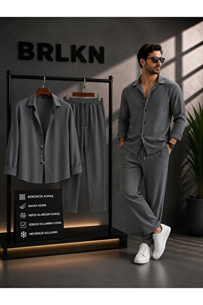 BRLKN Boyfriend Fit Gofre Kumaş Alaçatı Unisex Bürümcük gömlek Eşofman Takımı