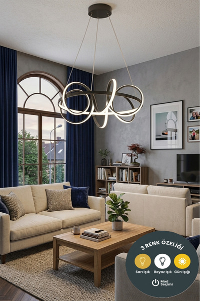 Lzy Avize Store Siyah Sarmaşık Detaylı 3 Renkli Dekoratif LED Avize – Salon M...