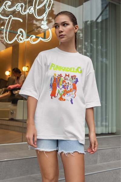 buzagi tasarım ürünleri Funkadelic Oversize Unisex White T-Shirt