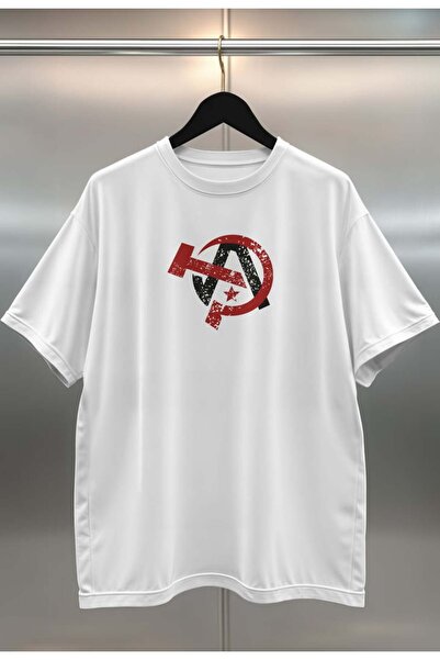 buzagi Anarchy Digital Print Oversize White Unisex T-Shirt