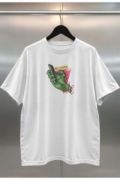 buzagi Organic Cotton Digital Printed Oversize White T-Shirt