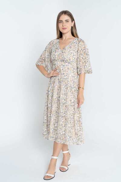 mica Floral Midi Dress with 3/4 Sleeves for Women
