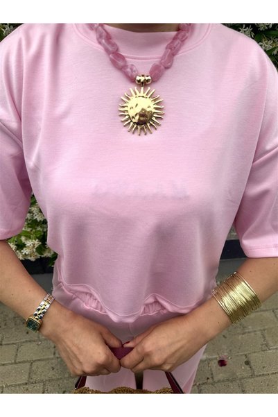 Gözde Tasarım Butik Women's Pink Color Imported Glass Beaded Bone Sun Pendant