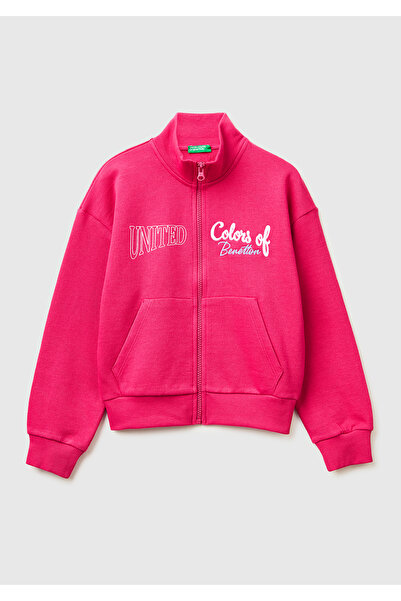 United Colors of Benetton Kız Çocuk Koyu Pembe Simli Logolu Fermuarlı Cepli Y...
