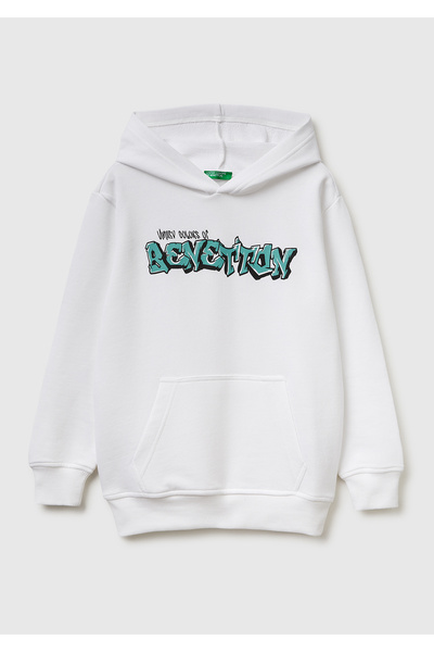 United Colors of Benetton Boy's White Hooded Sweatshirt with Logo Print on th...