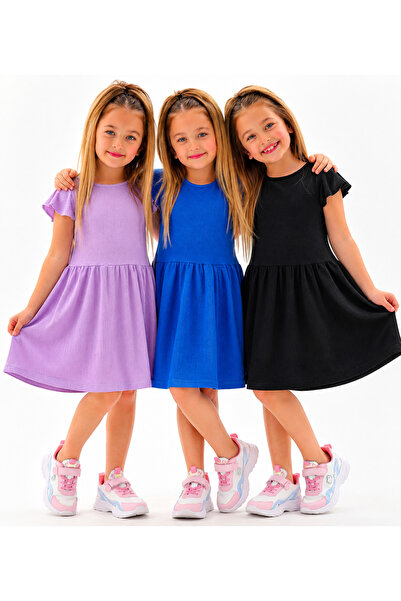 DEVRİMAY TEKSTİL Rochie de vară pentru fete, 3 piese, negru, albastru, liliac