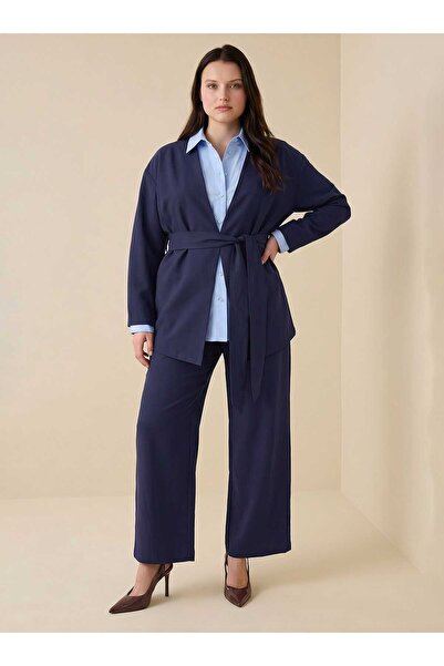 ALİA Kimono&Pants Linen Plus Size Set with Belt Detail - Navy Blue -