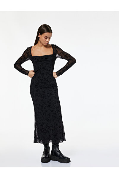 Koton Midi-Spitzenkleid in A-Linie mit quadratischem Ausschnitt, langen Ärmel...