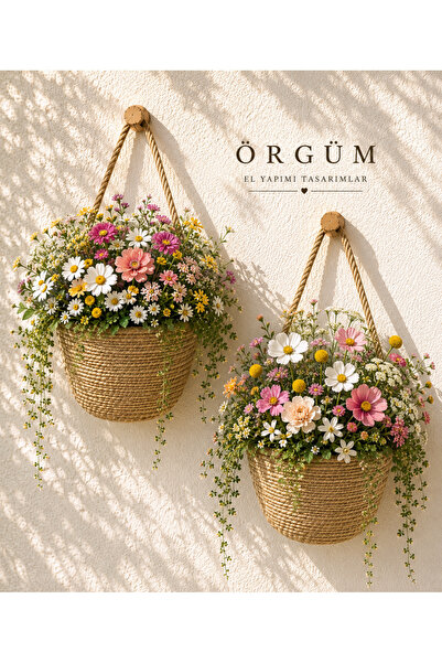 ÖRGÜM Sepet Mini Dekoratif 2'Li Çiçeklik 12x10 Cm