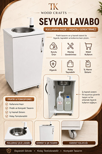 TK WOOD CRAFTS Mobil Seyyar Lavabo Yeni Yönetmeliğe Uygun Taşınabilir İç Hazn...