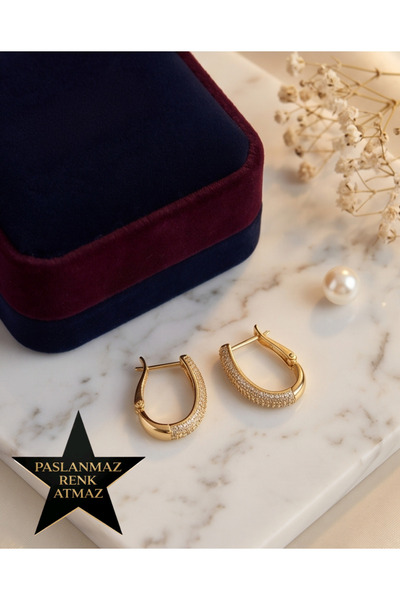 XUPING JEWELRY Xuping 14K Altın Renginde Zirkon Taşlı Oval Halka Günlük Kulla...