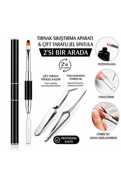 PİRAYE AKSESUAR Çift Taraflı Poly Jel Uygulama Fırçası Spatula & Protez Tırna...