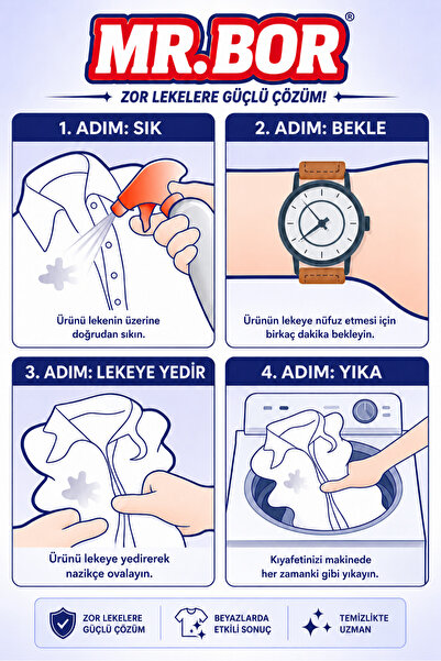 MR.BOR Premium Leke Çıkarıcı 750 ml – Tükenmez Kalem,Yağ, Çay, Kahve,Meyve,Şarap Lekelerinde Etkili