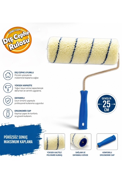 Dekor DKR1003 Plastik Mavi Saplı Dış Cephe Duvar Boya Rulosu 25 cm Boya Rulos...