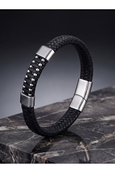 Parmas Design Leather Steel Chain Wrap Men's Premium Black Bracelet 01844