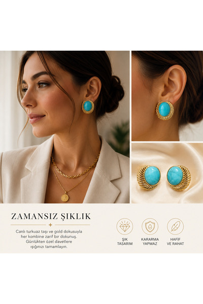 kasımoğulları concept Turquoise Stone Detailed Gold Plated Vintage Earrings –...