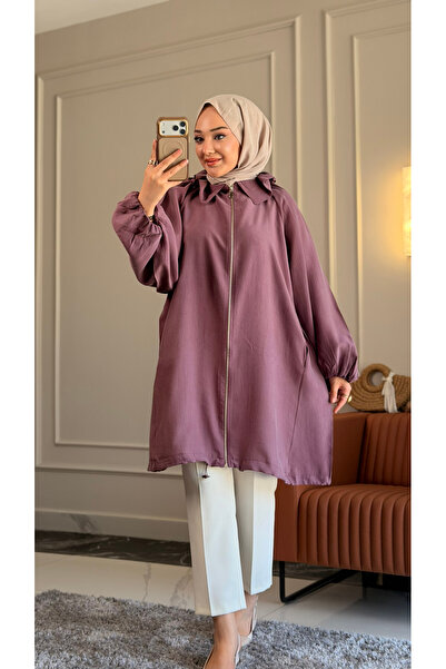 Suede Style 6349 - قبعة طويلة أنيقة ومريحة بجيب بسحاب وأكمام بالون وياقة على ...