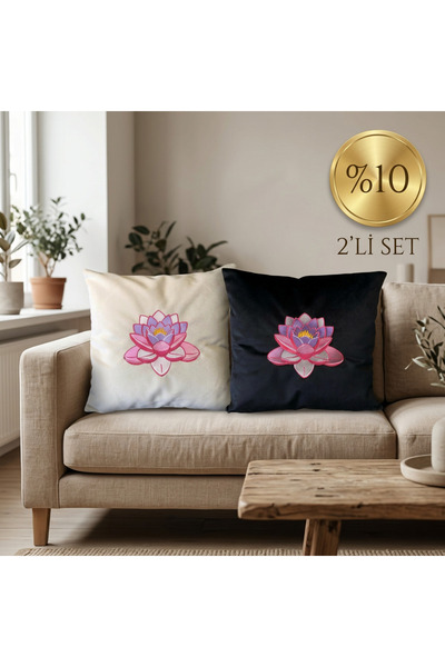harmony factory Lotus Flower 2-Piece Velvet Cushion Set - Embroidered Decorat...