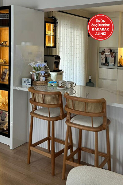 silla 2'li Odin Bar Sandalyesi Teddy Krem Kumaş Hasırlı Naturel Ahşap Ada San...