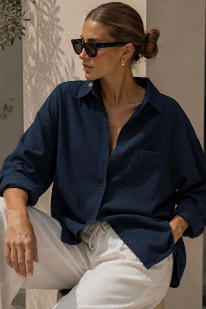 bb butik basic Oversize Keten Dokulu %100 Pamuk Salaş Lacivert Gömlek Bb-ku3435