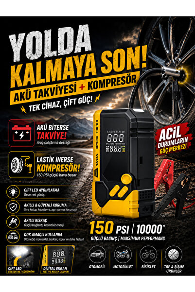 DEANB 10000mAh Dijital Ekranlı Araba Akü Takviye'li Kompresör Araç Lastik Şiş...