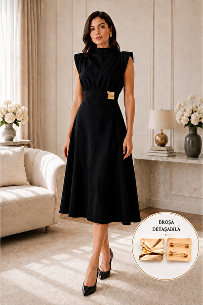 bayansepeti Rochie midi de damă, neagră, din crep, cu design elegant, accesor...