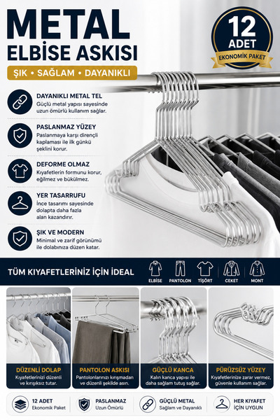 Olgun Home Metal Elbise Askısı 12 Adet Kıyafet Askısı Pantolon Askısı Tel Askı