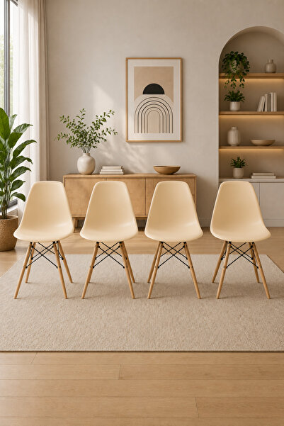 Taimi Set of 4 - Modern Plastic chair with wooden Legs, Shell Lounge, Khaki -...