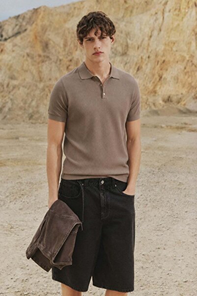 Madmext Light Brown Snap Closure Polo Collar Knitwear Men's T-Shirt E7493