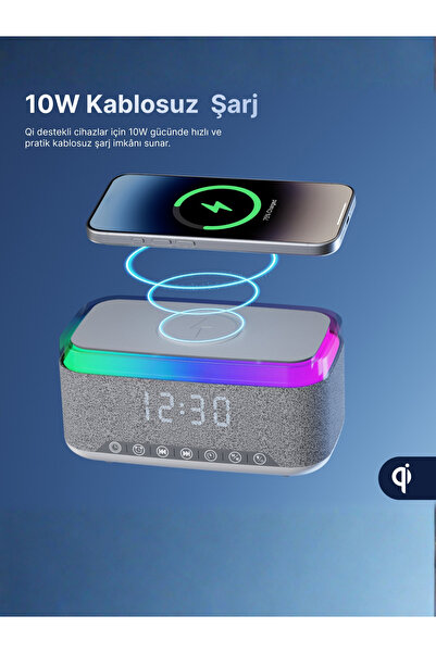 Revenge Kablosuz Ambiyans RGB Bluetooth Hoparlör Şarj İstasyonu 3 ü Bir Arada- 15W Kablosuz Dekoratif Çalar Saat Alarm - Kablosuz Bluetooth Hoparlör Ses Bombası