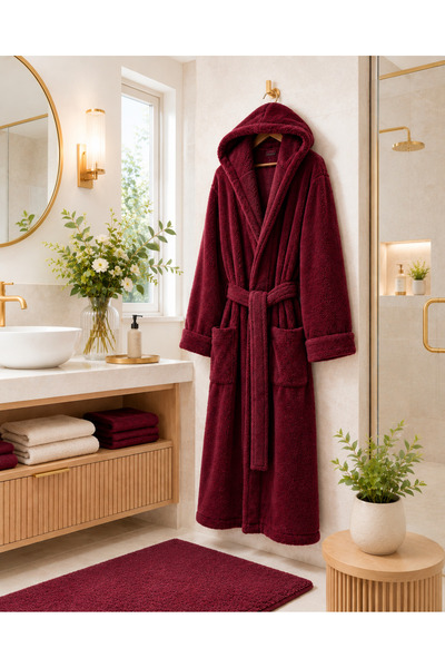 Horecahome Halat de baie pufos cocolino cu glugă, marimea M/L bordo