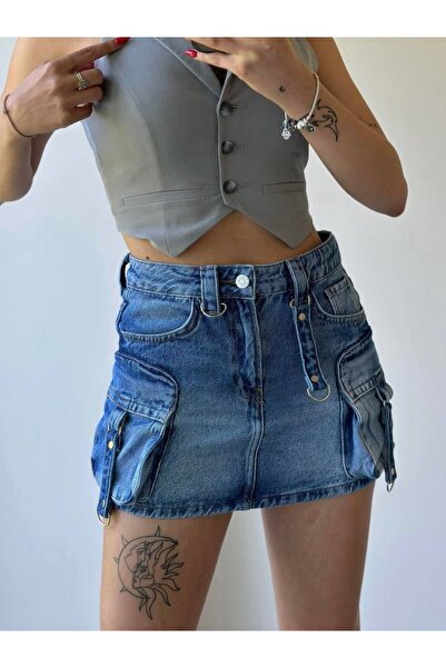 HerTon Fusta mini din denim de bumbac pentru femei, cu buzunare și accesorii