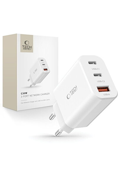 Tech-Protect 1xUSB-A + 2x USB-C QC3.0 PD 30W Alb