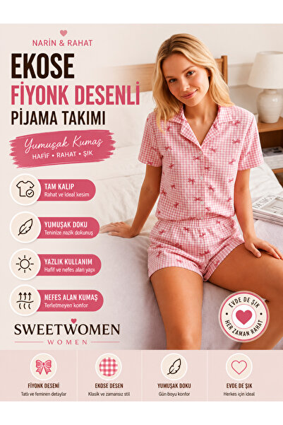 FİT WOMEN Ekose Fiyonk Desenli Şortlu Pijama Takımı Kadın Kısa Kollu Düğmeli ...